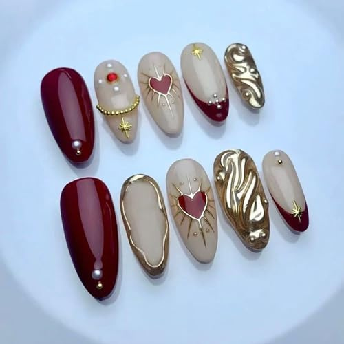 Almond Press-On False Nails, Medium Length, Red, Nude And Gold, 3D | Glossy French-Style Tips, Heart, Star And Pearl-Like Details, Raised Wave Patterns, For Home Manicures, Parties And Evenings