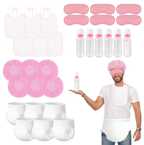 6 Sets Bottle Chug Baby Shower Games Juegos Para Plastic Baby Bottles Bibs Hat Disposable Diapers Gender Reveal Games Baby Changing Diaper Race Game Decoration (Pink)