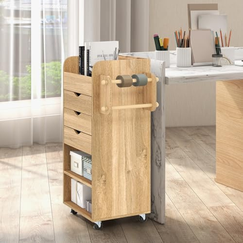 GIANTEX Rollcontainer, Aktenschrank mit Rollen, 3 Schubladen & 2 Ablagen, Schubladenbox aus Holz, Schubladenschrank für Büro, Home-office & Wohnzimmer, 48,5 x 33,5 x 85,5 cm (Natur)