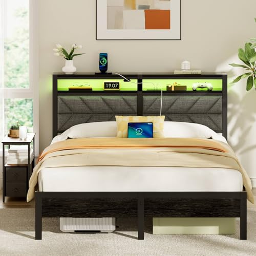 Rolanstar Bett 140x200cm mit LED Beleuchtung, Metallbett mit Gepolstertem Kopfteil & Stauraum, Bettgestell 140x200 Doppelbett mit Steckdose und Ladefunktion, Bettrahmen mit Lattenrost für Schlafzimmer
