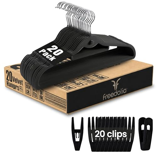 Pack 20 Perchas de Terciopelo con 20 Pinzas Removibles - Perchas Antideslizantes 2 en 1 para Camisas y Pantalones - Ahorra Espacio en Armario - Gancho Giratorio 360° - Negro