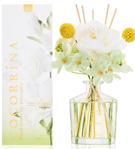 COCORRÍNA Fiore - Difusor de perfume de ambiente con 8 varillas de fragancia de Gardenia, natural, de larga duración, para dormitorio, oficina, baño (colección Master)