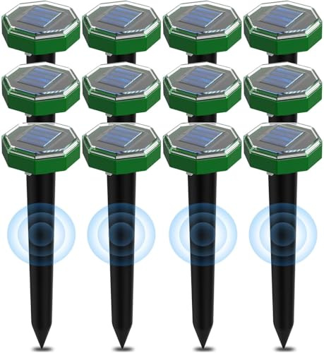 Mole Repellent Solar Powered 12 Pack, Waterproof Ultrasonic Deterrent Gopher Vole Repellent Outdoor, Repellent Mole for Lawns Garden Yard