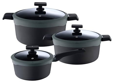 Juego de 2 Cacerolas Ø24cm(4,7L) Ø28cm(7,2L) + Cazo Ø16cm(1,3L) en Aluminio fundido con tapas GASTRO REECO MasterPRO