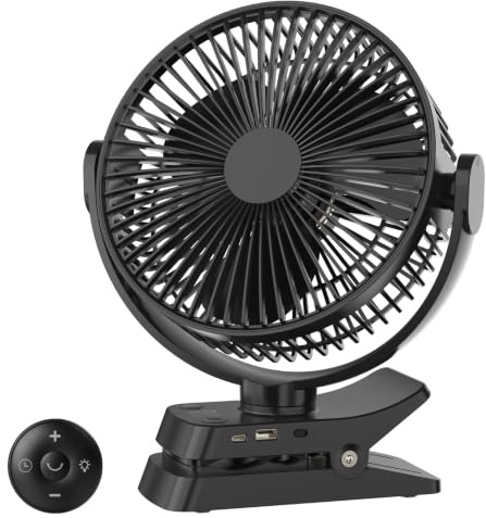 ELZO 12000mAh Camping und Tischventilator, 21 cm USB Ventilator mit LED-Licht, Haken, 360° leise mit Fernbedienung, Clip-Ventilator für Kinderwagen, Büro (Schwarz)