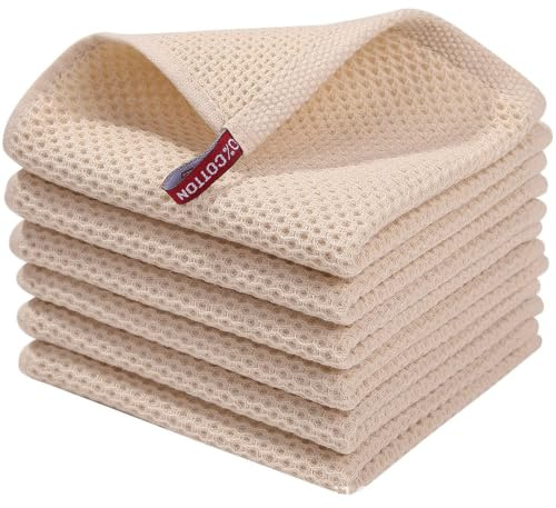 Kemay 6-Pack Premium Cotton Kitchen Cloths Ultra-Absorbent, Soft Dish Towels for Washing Up, Fast-Drying Cleaning Cloths, 30×30cm, Natural Beige