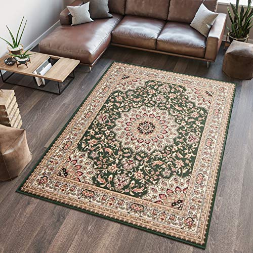 TAPISO Atlas Teppich Kurzflor Grün Beige Rot Floral Mäander 160 x 230 cm | Wohnzimmer Klassisch Schlafzimmer Traditioneller Teppich für Wohnzimmer Esszimmer OEKO-TEX