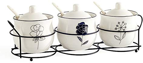Ceramic Spice & sugar Jars, with Lids Spoons and Shelf,Porcelain Condiment Kitchen Jar Spice Container Set, 230 ML,3 Pcs
