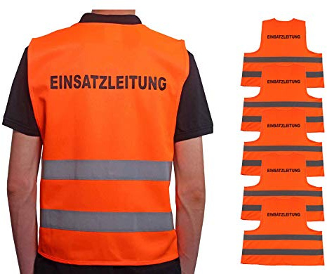 4business 5 Stück Kfz Qualitäts Warnweste EINSATZLEITUNG orange EN ISO 20471 Klasse 2 für Erwachsene Unisize TÜV-geprüft waschbar
