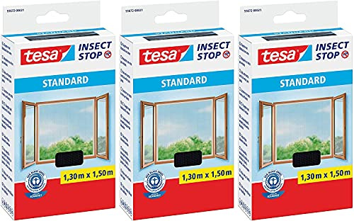 tesa® Insect Stop Standard Fliegengitter für Fenster - Insektenschutz zuschneidbar (3er Pack - Anthrazit (Durchsichtig))