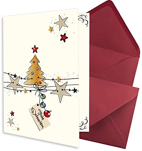 NEUSER PAPIER 50x kleines Weihnachtskarten-Set DIN A7 in Weiß mit Weihnachtsbaum und Sternen - Faltkarten mit Umschlägen DIN C7 Dunkelrot (Rot) mit Nassklebung - Weihnachtsgrüße für Firmen und Privat