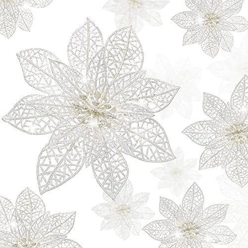 Boao 24 decorazioni per albero di Natale a forma di stella di Natale glitterate, 9,6 cm e 15,2 cm (bianco)
