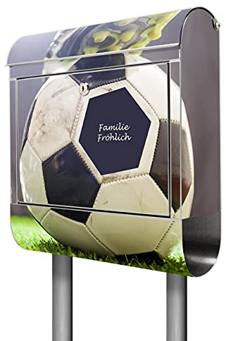 banjado® Briefkasten mit Standfuß personalisiert Motiv Anpfiff - Stand Briefkasten Edelstahl mit Zeitungsfach - Postbox/Postkasten A4 Einwurf inkl. Montagematerial & 2 Schlüssel