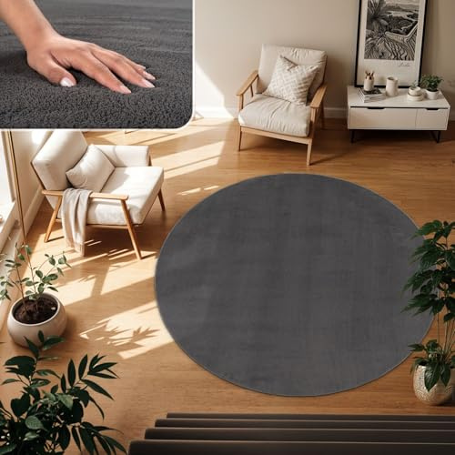 TT Home Wohnzimmer Teppich Kurzflor Anti-Rutsch Rückseite Unifarben Modern Waschbar, Farbe:Anthrazit, Größe:80 cm Rund
