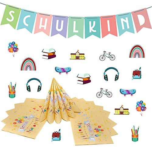 Oblique Unique Einschulung Deko Set für Jungen & Mädchen – Schulkind Girlande 1,8 m + 20 Servietten 33x33 cm + buntes Konfetti – Schuleinführung Party Deko zum Schulanfang