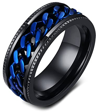Epinki Bague Tournante Acier Inoxydable, 8MM Chaîne Argent Bleu Homme Bague Anti Stress Taille 65