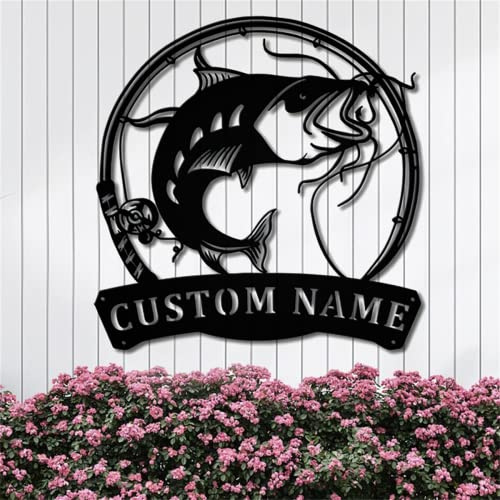 Personalisierte Wels-Angelfischstange Metall-Wandkunst, benutzerdefinierte Fischschilder für den Außenbereich, maßgeschneiderte Familiennamenschilder, Metall-Monogramm-Schilder für Wohnzimmer,
