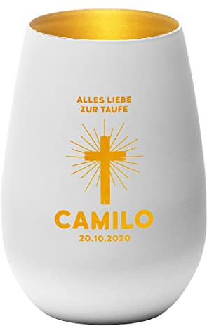 Kerzenhalter aus Kristallglas mit personalisierter Wunschgravur - Motiv: Kreuz - rundes Windlicht, Teelichthalter - Farbe weiß-Gold - LED-Licht - Deko Geschenk - Tauf-Geschenk - Kinder