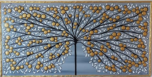 DORON ARTE QUADRO MODERNO ASTRATTO DIPINTO A MANO TELAIO GALLERY BORDI DIPINTI - ALBERO DELLA VITA FIORI BACCHE ORO e FOGLIE BIANCHE - 1 metro x50x4 cm -RIF305