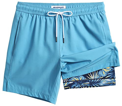 maamgic Mens Swim Trunks with Compression Liner 7 Inch Inseam Mens Bathing Suit Quick Dry Swimming Trunks Swimsuit Blue Leaf Large