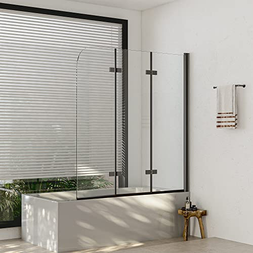 3-teilig Duschwand für Badewanne 120x140cm Schwarz Faltbar badewannenaufsatz, Duschabtrennung 5mm EGS Sicherheitsglas Faltwand, Schwarz Duschtrennwand Duschtrennwand Badewannenwand