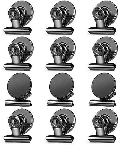 12er Magnetklammer Schwarz, Magnet Schwarz für Kühlschrank und Magnet Tafel | Magnet Regal Kühlschrank, kratzschonende Auflagen, starke Haftkraft, robuste Metallklemmen für Foto, Aufkleber und Taschen