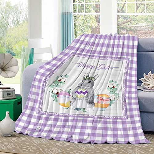 Fleecedecke Wilder Grauer Osterhase Mit Eiern, Lila-Weißer Büffelkaro Flauschige Überwurf Decke Dicke Couchdecke Für Couch Weihnachten Camping 80x60