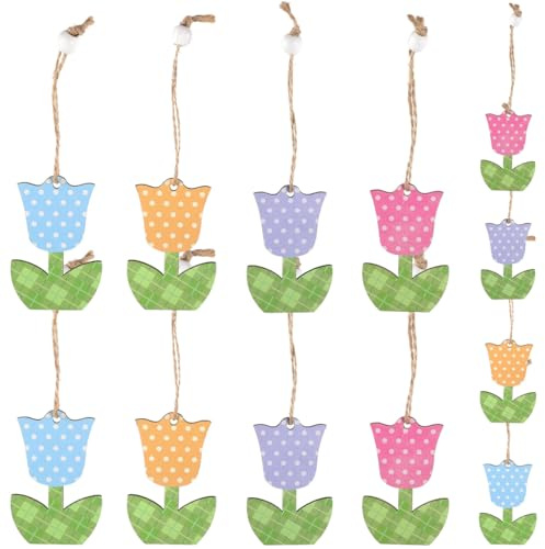 Housoutil Wooden Tulip Hanging Ornaments, 12Pcs Mother's Day Colorful Flower Spring Decorations for Tree, Polka Dot Plaid Wood Cutouts, Easter Home Garden Party Decor, Window Wall Craft Pendant
