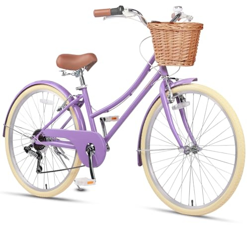 Glerc Missy 26 Tums Flickcruiser Ungdom Tonåring Damcykel 6-Växlad Hybrid Stadcykel för Ungdomar över 12 År med Prickorg & Lättviktig Ram, Lila