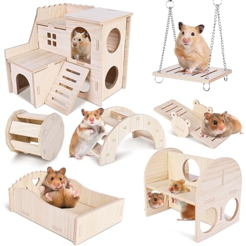 BYZESTY Hamster Haus aus Holz, Hamster Spielzeug, 7 Stück DIY Haus für Meerschweinchen Holz, Hamster Haus Glockenrolle Brücke Wippe Schaukel Hamster Zubehör für Rennmäuse Zwerghamster Chinchillas