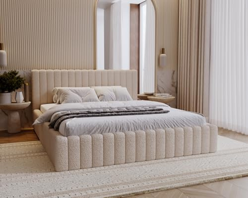 Emporius Billo Polsterbett 180x200cm - mit Lattenrost, Stauraum, Bettzeugkasten, Kopfteil - Bettgestell, Rahmen - Doppelbett - Schlafzimmer, Jugendzimmer - Boucle Beige