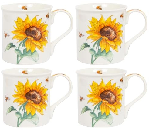 Tamersgifts Set of 4 Floral Mugs Set 330ml Fine China Coffee Tea Cups Home (Sunflower)