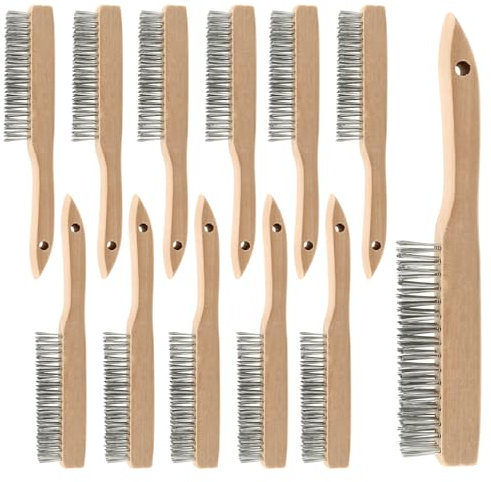 SOUJAP 12 cepillos de alambre de 10 pulgadas, cepillo de alambre de acero con mango de madera curvado largo, cepillo de soldadura para limpiar aluminio óxido