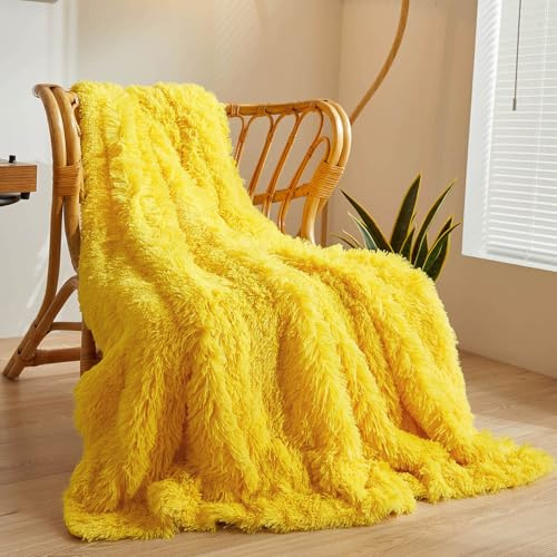 XeGe Luxuriöses Kunstfell Decke Weicher großer Flauschiger Wickel, struppiger Plüsch, dekorativer Couch Wickel Tagesdecke, süße zarte Bettdecke für Schlafzimmer/Wohnzimmer, Twin/Doppelbett, Gelb