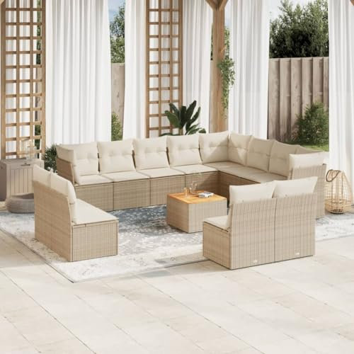 ULUYYUC 13-TLG. Garten-Sofagarnitur, Küchensofa Schlafsessel Mit Bettfunktion Eckbankgruppe Stehtisch Geeignet für Außenbereich Hinterhof Balkon Garten mit Kissen Beige Poly Rattan