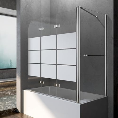 Badewannenfaltwand 3-teilig Duschwand für Badewanne mit seitenwand 75 cm x 120 cm x 140 cm mit Gestreifte Faltbar Badewannenabtrennung 6 mm Sicherheitsglas, mit Handtuchhalter
