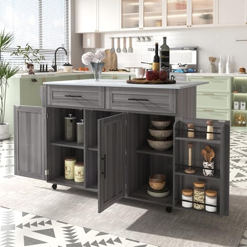 KecDuey Carrello da cucina, isola da cucina su ruote con piano di lavoro pieghevole, 129 x 71 x 91,5 cm grande carrello per servire credenza, piano di lavoro con venature in legno massiccio, design