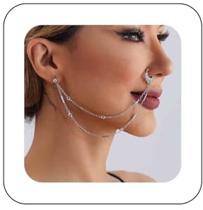Boho Kristall Nasenring Kette zum Ohr doppelter Silberstab baumelnder Nasenring Septum Nasenmanschette kein Piercing Punk Cz Tropfen Mini Kugel Ohrstecker Nasenloch Schmuck für Frauen und Mädchen