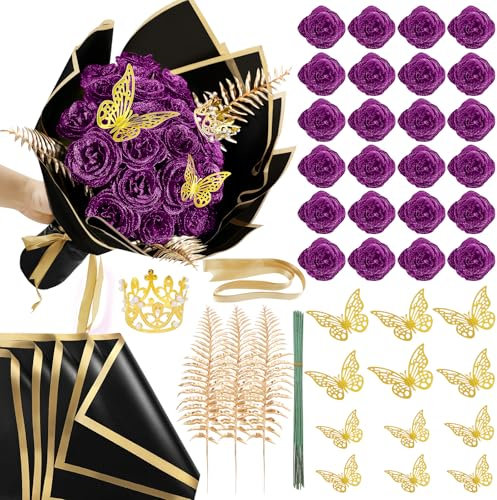 SEMONONIA Glitzer-Rosenstrauß – 24 Stück DIY gefälschte glänzende Rose mit Stielen ewige Blumen für Eleganz, Hochzeitsstrauß, Jahrestag, Geburtstag, Valentinstag, Muttertag, Liebesgeschenk - Lila