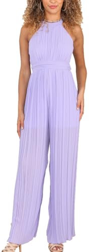 FASHIONISM Ärmelloser Jumpsuit für Damen, plissiert, Neckholder, gerades Bein, lange Hose, mit Gürtel, Einheitsgröße 36-42, Flieder, Einheitsgröße