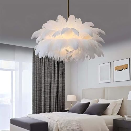 DESHOME Federlampe Weiß 65cm Hängend Federlampenschirm Natürliche Natur Feder Lampe Decke Kronleuchter 4500K Innen Dekolampe 6*G9 LED-Glühbirne/42W 4500K, für Wohnzimmer, Kinder-/Mädchenzimmer