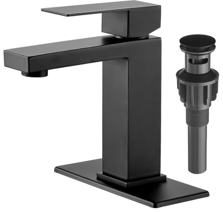 VOTON Bathroom Faucet Matte Black, Modern Single Handle Bathroom Faucets for 1 or 3 Hole Bathroom Sink Faucet Mixer Tap Washbasin Faucet with Deck, Pop-up Drain and Supply Hoses