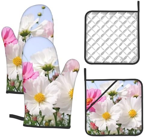 Ofenhandschuhe und Topflappen, Set mit rosa und weißen Blumen, Ofenhandschuh, hitzebeständig, Ofenhandschuhe zum Kochen, rutschfeste heiße Pads, waschbare Kochhandschuhe zum Backen, Grillen,
