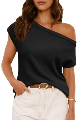 LILLUSORY Womens Off The Shoulder Sweaters Casual Short Sleeve Knit Tops Trendy Summer Going Out Lightweight Pullover, Black, M