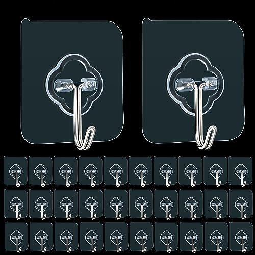Adhesive Hooks, 32 Pack 33lb(Max) Sticky Hook, Transparent Reusable Removable Adhesive Hooks for Hanging, Wall Hook for Hanging Can be Use for Kitchen Bathroom Shower Outdoor Home Improvement
