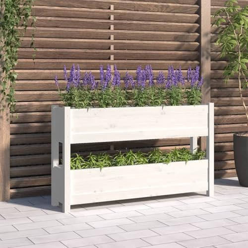 Gecheer Jardinière Blanc 112x25x66 cm Bois Massif de pin, Bac de Plantation pour Cultiver Fleurs Herbes Plantes, Lit Surélevé Potager pour Terrasse Balcon Extérieur