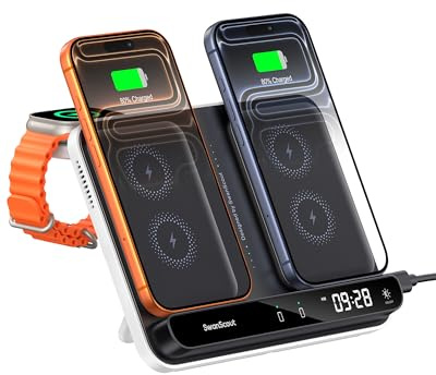 Caricatore Wireless Dual per iPhone 17/Air/17e/16/15/14/13/12, Stazione di Ricarica per Apple Watch 11/10/9/8/7/6/Ultra 3/SE 3 & AirPods 4/Pro 3, Caricabatterie Senza Fili per 2 Phone, SwanScout 710A