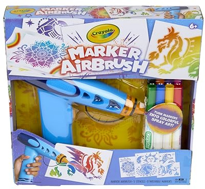 Crayola Marker Airbrush Spray Art Kit, Battery-Powered Sprayer with 8 Washable Markers & 5 Stencils, DIY Craft Set, Ages 6+