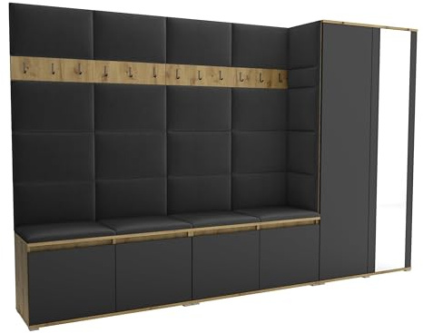 Brent - Garderobenschrank Flur Artisan Eiche Schwarz mit sitzbank 290 cm Breit Luton 5 - Multifunktionale Flurgarderobe Set mit Stauraum und Wandpaneel, Garderobe mit Sitzfläche und Kleiderhaken