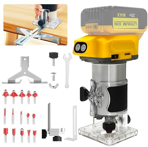 Cordless Wood Router Trimmer for Dewalt 20V Battery, 6 Speeds Wood Trimmer Set, 800W 30000 RPM Brushless Motor Hand Palm Router with 15pcs 1/4Shank Router Bits for Woodworking,Slotting(NO Battery)